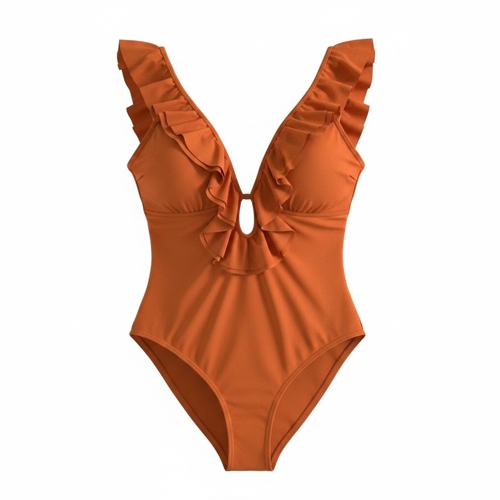 Michael Kors Terracotta Ruffle V-Neck One Piece Swimsuit Womens 12 Boho Feminine